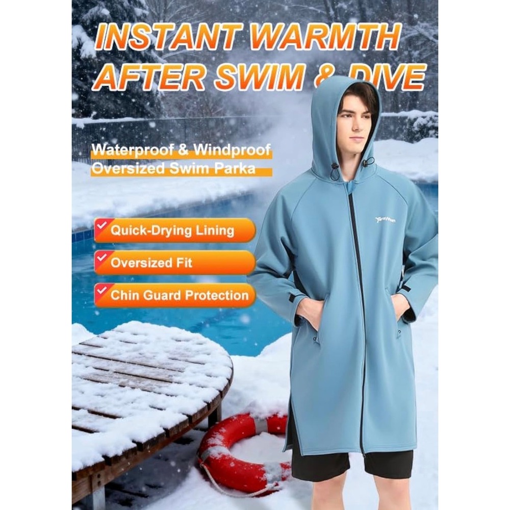 Yinayman Unisex Oversized Swim Parka Waterproof Fleece Lined Changing Robe Blue - Picture 3 of 6